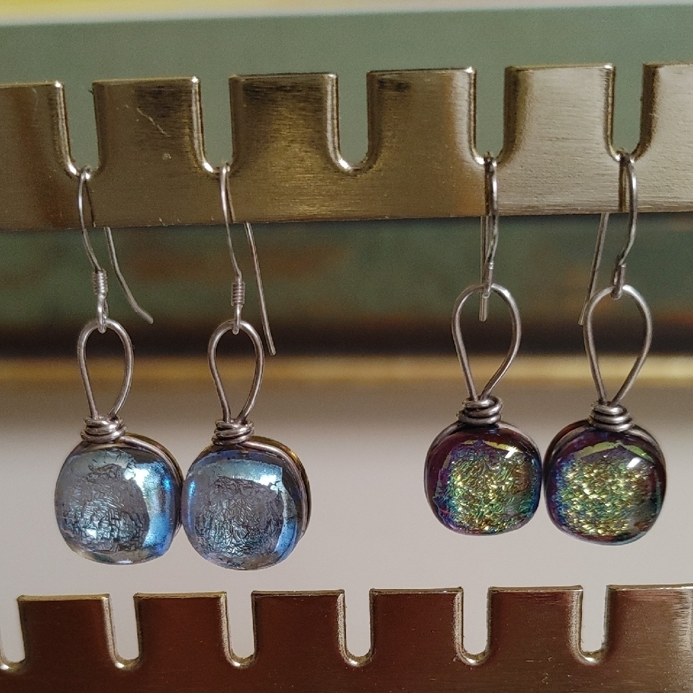 Round Dichroic Glass Sterling Wrapped Earrings - Picture 3 of 16